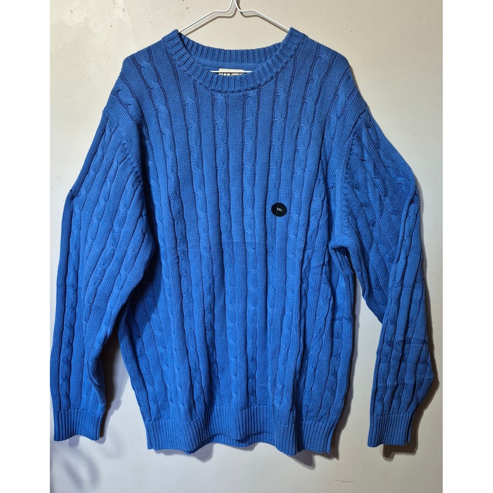 LL Bean Mens XXL Blue Cable Knit Cotton Crewneck Sweater 274597